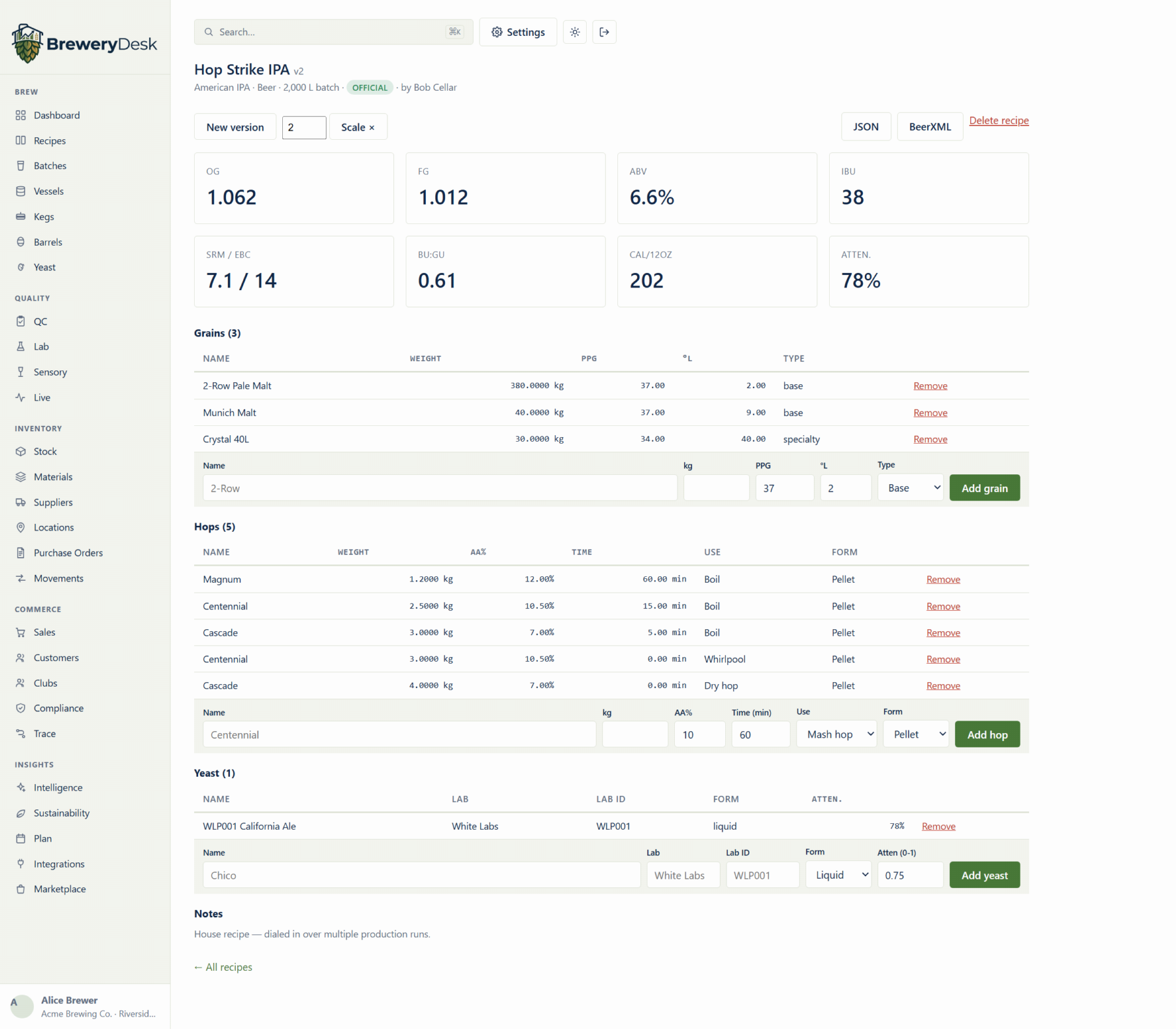A versioned recipe with live OG, FG, ABV and IBU stats, grain bill, and hop schedule.